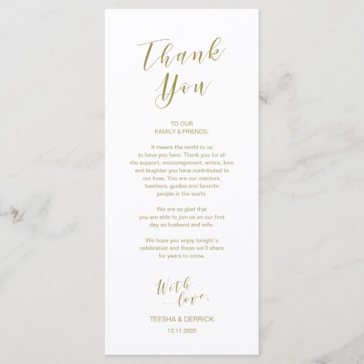 Plaatsinstelling Dank u, moderne scriptkaart Goud Programma (Voorkant)