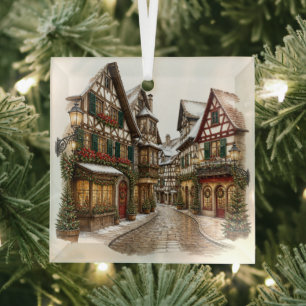 Place de village de Noël enneigé Ornement en verre