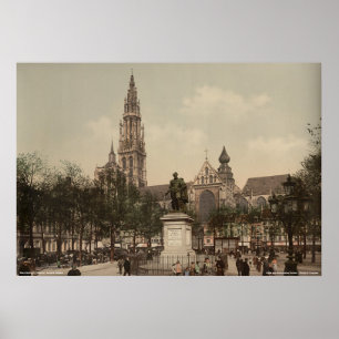 Place Verte and cathedral, Antwerpen, België Poster