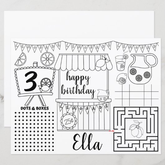 Placemats voor limonade, roze limonade activiteits (Voorkant / Achterkant)