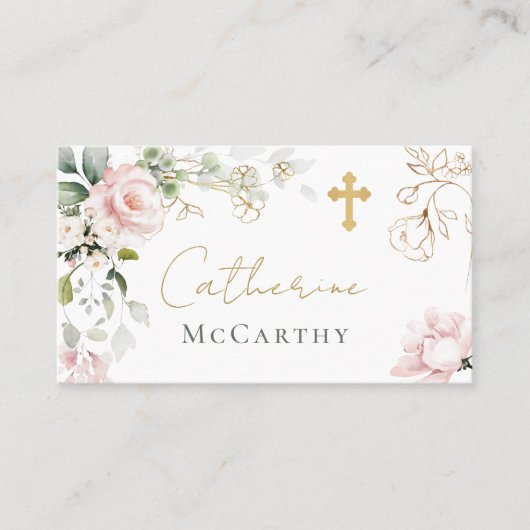 Placement Carte de baptême aux roses roses et feuillage (Devant)