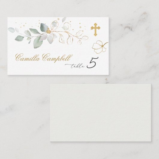 Placement Carte de baptême avec feuillage doré et vert (Devant / Derrière)