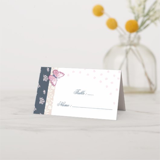 Placement Carte de lieu romantique Marine & papillons roses  (Devant)