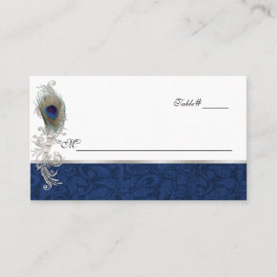 Placement Carte de Mariage Blue Damask and Peacock Feather