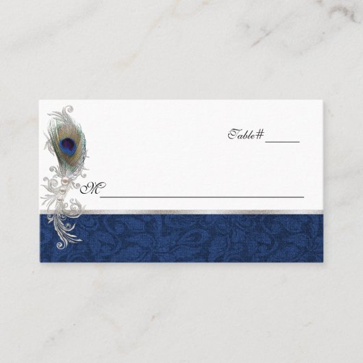Placement Carte de Mariage Blue Damask and Peacock Feather (Devant)