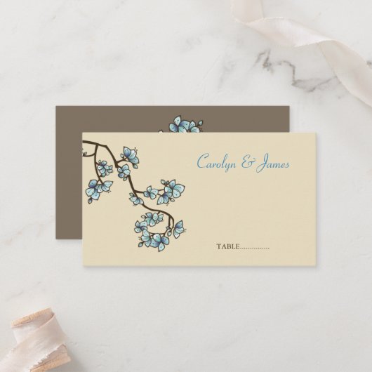 Placement Carte de Mariage chinois de fleurs de pêche bleue (Devant/Arrière en situation)