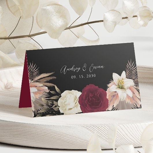 Placement Carte de Mariage Floral Noir Bourgogne