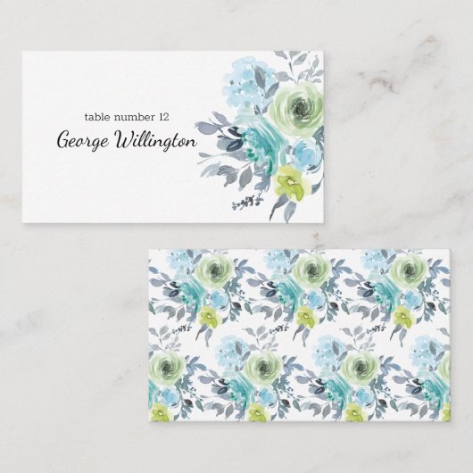 Placement Carte de mariage florale bleu clair jaune vert (Devant / Derrière)