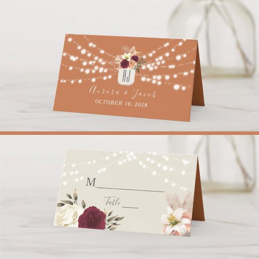 Placement Carte de Mariage Rustique Floral Brûlé orange