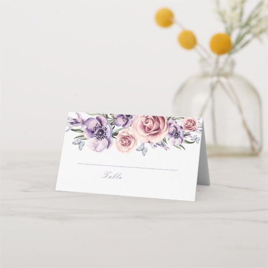 Placement Carte de place de couleur d'eau florale violette (Devant)