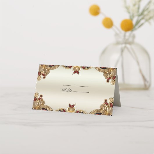 Placement Carte de place en pierre rouge à fleurs dorées (Devant)