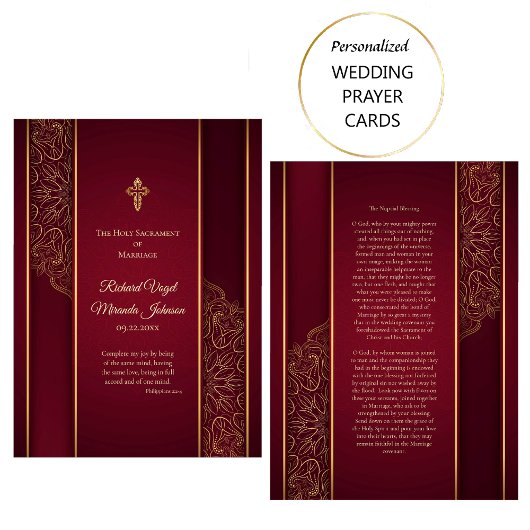 Placement Carte de prière de mariage catholique dorée marron