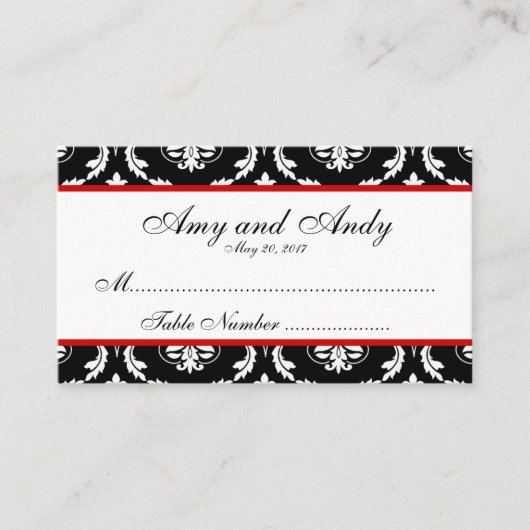 Placement Carte de siège Mariage damassé rouge, noir (Devant)