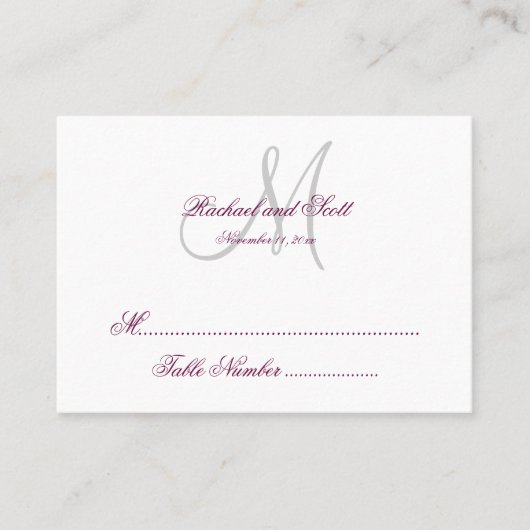 Placement Carte de siège Mariage Monogramme blanc Vin simple (Devant)