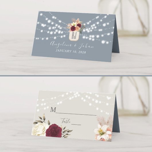 Placement Carte de Table de Mariage Bleu Poussiéreux Rustiqu