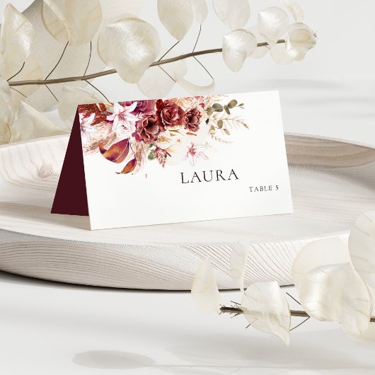 Placement Carte de table de mariage Boho – Bourgogne et rose
