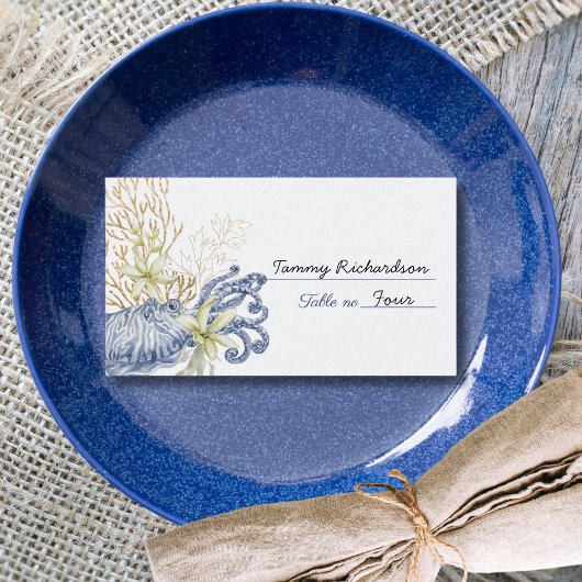 Placement Carte de table de mariage côtier bleu et or