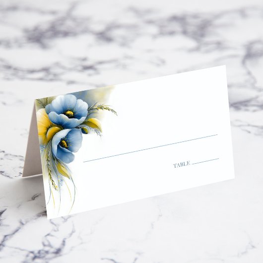 Placement Carte de table de mariage florale bleue et jaune