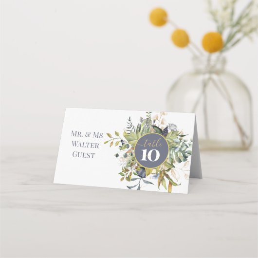 Placement Carte de table de mariage moderne botanique bleu e (Devant)