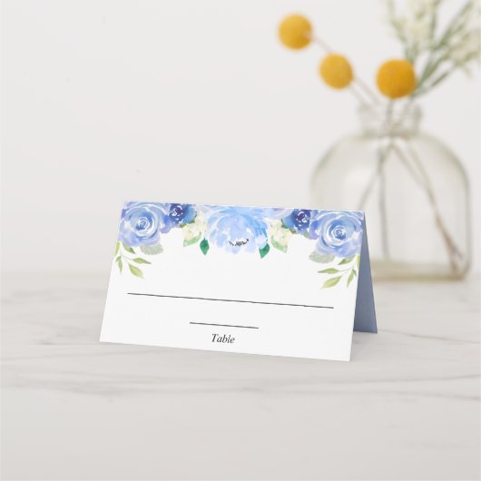 Placement Carte de table élégante à fleurs blanches bleues (Devant)