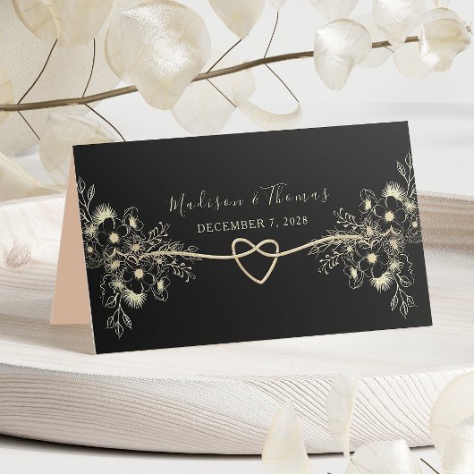 Placement Carte de table florale mariage Or Noir