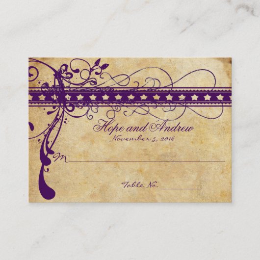 Placement Carte de table funky tourbillon or et violet (Devant)