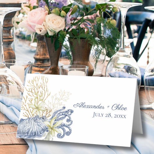 Placement Carte de table pliée Shell Coastal Blue & Gold