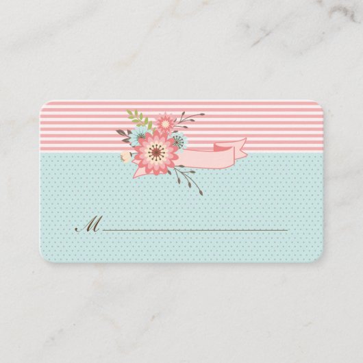 Placement Carte d'escorte de Mariage Floral Bleu et Corail (Devant)