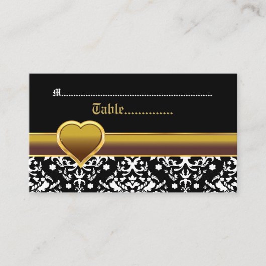Placement Carte mariage de coeur en or noir blanc damassé (Devant)