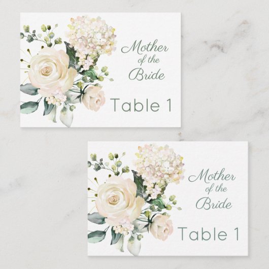 Placement Rose blanche mariage, carte de place hydrangea (Devant / Derrière)