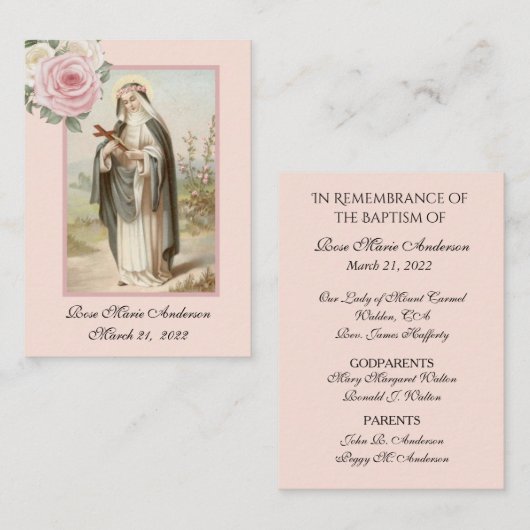 Placement Rose de Lima Baptismal souvenir Carte Sainte (Devant / Derrière)