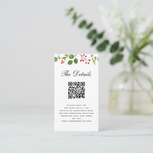 Placement Winter Greenery Mariage Carte de détails avec code (Debout devant)