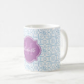 Placid Blue Damask Monogramme Mug (Devant droit)