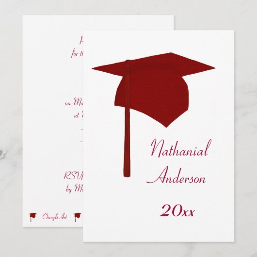 Plafond de graduation rouge et invitations de base (Devant / Derrière)