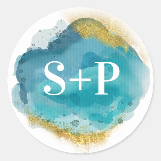 Plage aqua et or Autocollants de mariage initial (Devant)