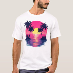 Plage au coucher du soleil rétro néon pour T-shirt