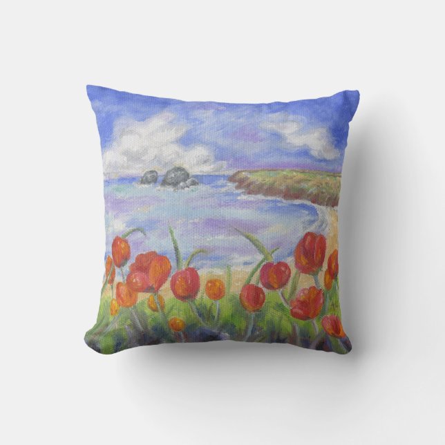 Plage avec le coussin de carré de pavots (Recto)