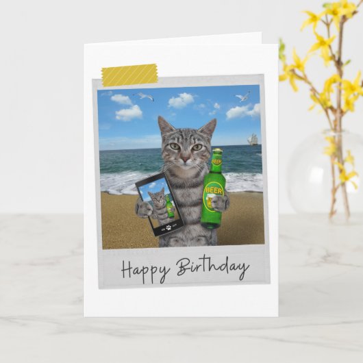 Plage Bière Tabby Chat Funny Carte d'anniversaire (Fleur jaune)