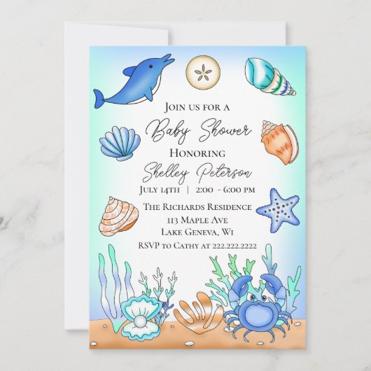 Plage Bleue Cute Baby shower Invitation (Devant)