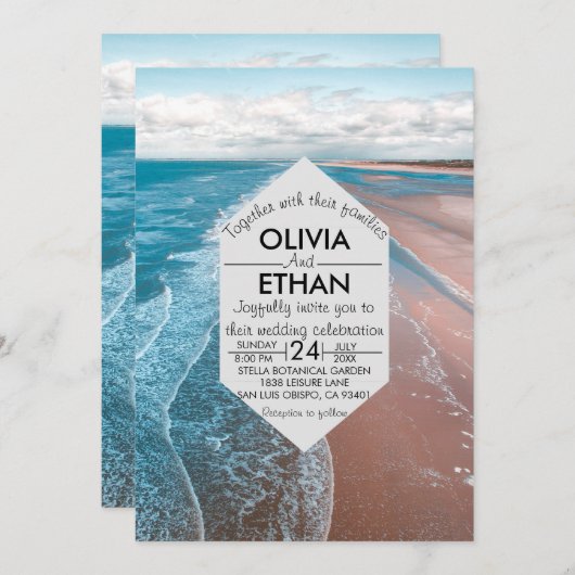 plage côtière bleu marine Mariage Invitation (Devant / Derrière)