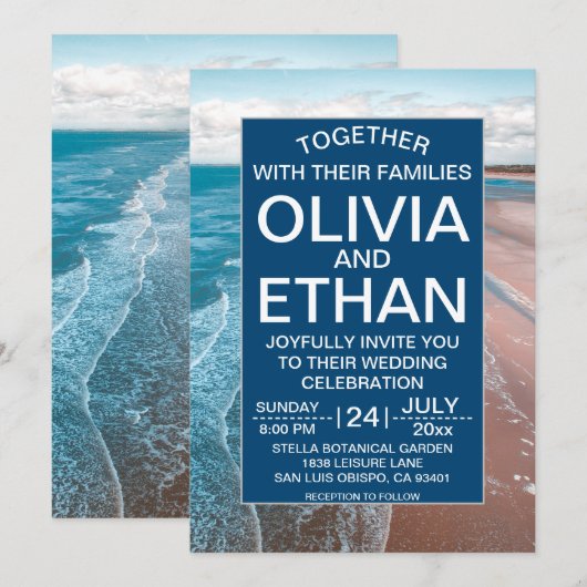 plage côtière bleu marine Mariage Invitation (Devant / Derrière)