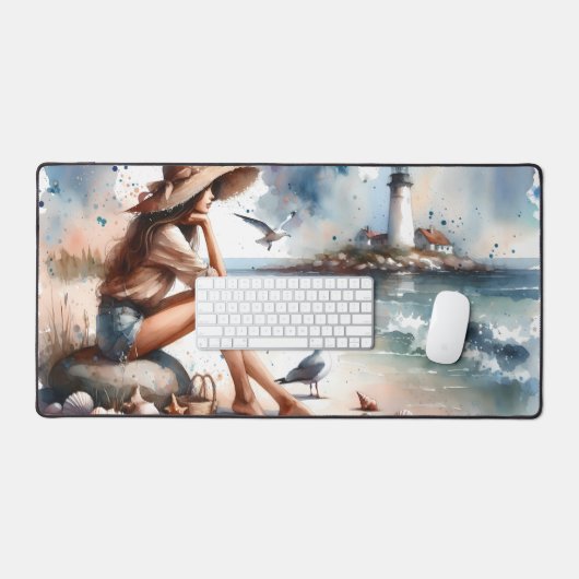 Plage côtière fille et phare (Clavier et souris)