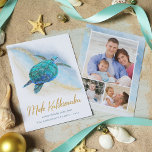 Plage de la tortue de mer Mele Kalikimaka 3 Photo<br><div class="desc">Cette carte de Noël sur le thème de la côte hawaïenne présente une tortue de mer bleu turquoise d'aquarelle sur une arrière - plan de plage abstraite avec une fausse parties scintillant d'or vague brillante, et l'or Mele Kalikimaka. Sur le dos sont 3 modèles photo pour personnaliser facilement les cartes...</div>
