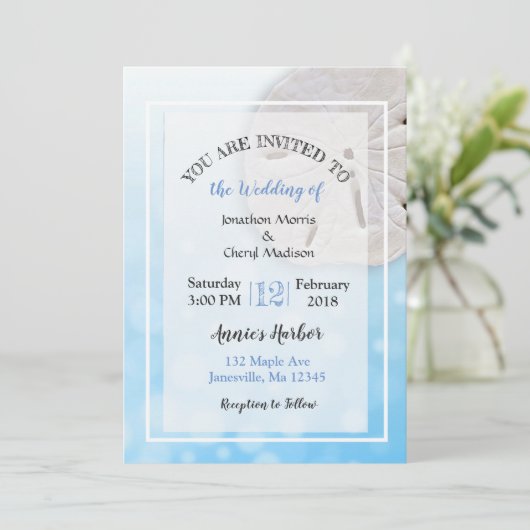 Plage de sable Dollar Thème Mariage Invitations (Debout devant)