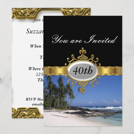 Plage et Noir Anniversaire Fête Glamour Invitation (Devant / Derrière)