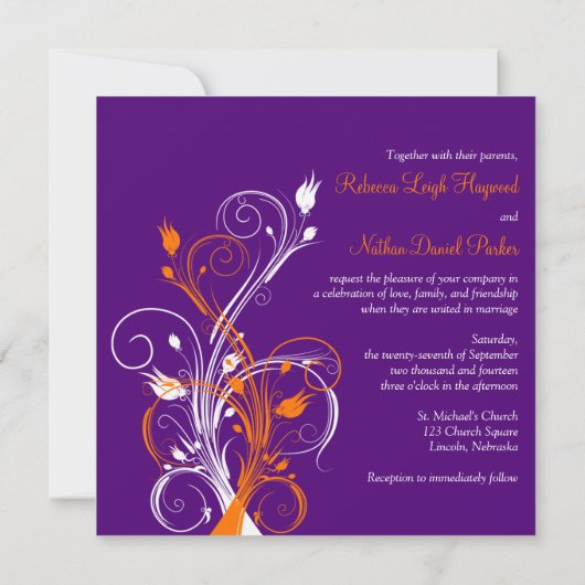 Plage Florale Blanche Violet Orange. Faire-part de (Dos)