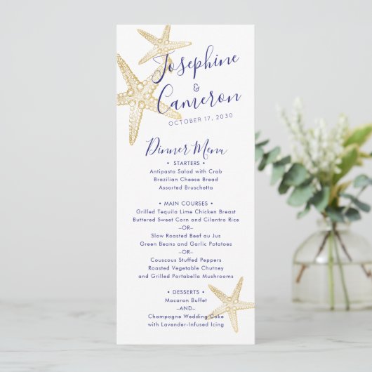 Plage Mariage Blue Gold Starfish Menu moderne (Debout devant)