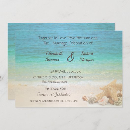 Plage Mariage Coquillages Invitation (Devant / Derrière)
