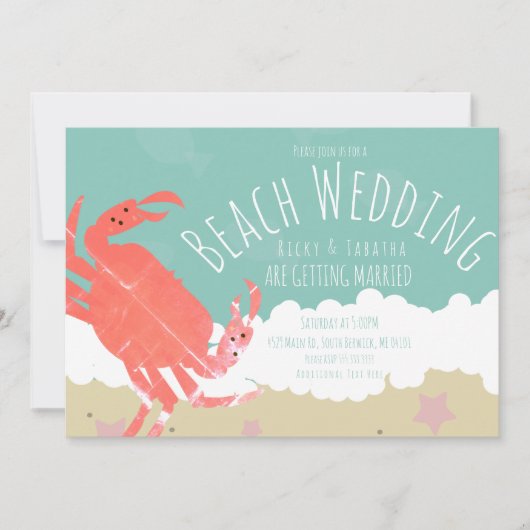 Plage Mariage Crabe Sable Océan Vagues Invitation (Devant)