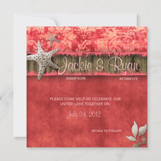 Plage Mariage Invitation Coquillage Corail Rouge (Devant)